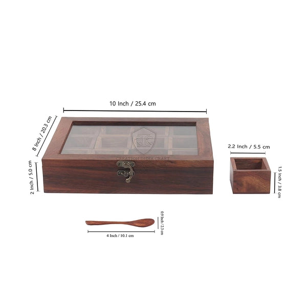 Wooden Spice Box For Kitchen, Twelve Containers with Spoon