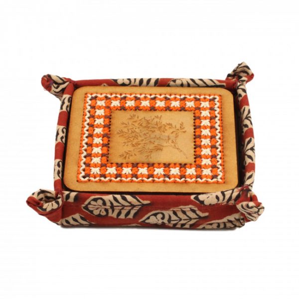 Hand Embroidered Tea Coaster 4 Pc Set (Brown)