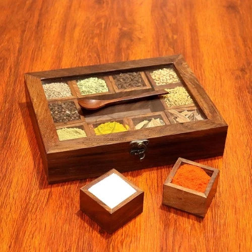Wooden Spice Box For Kitchen, Twelve Containers with Spoon
