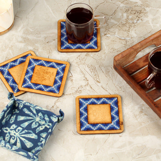 Hand Embroidered Tea Coster 4 Pc Set (Blue)