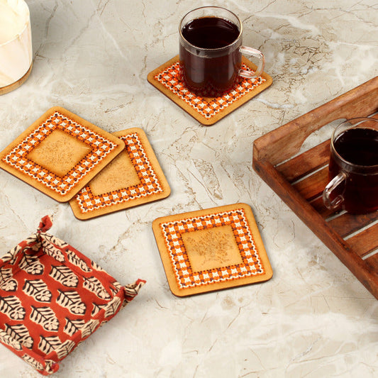 Hand Embroidered Tea Coaster 4 Pc Set (Brown)