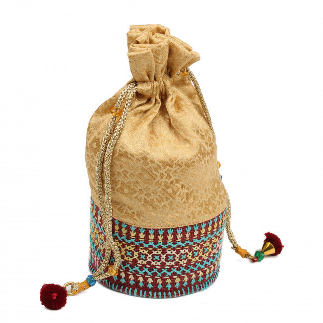 Hand Embroidered Round Potli Bag Beige