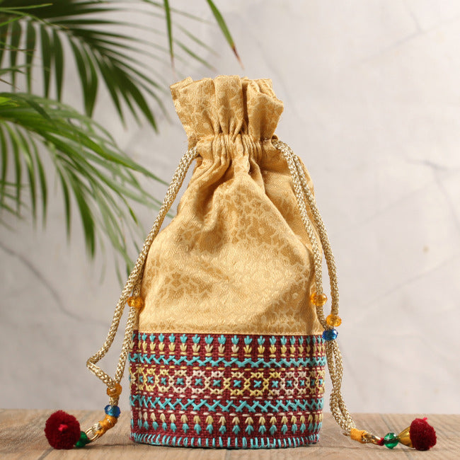 Hand Embroidered Round Potli Bag Beige