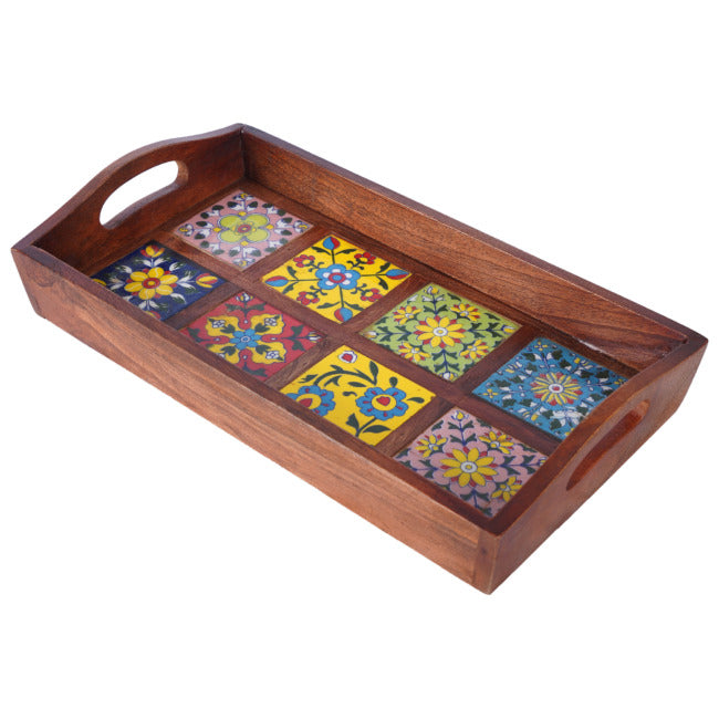 Blue Pottery Wooden Serving Tray 40X20