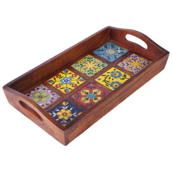 Blue Pottery Wooden Serving Tray 40X20