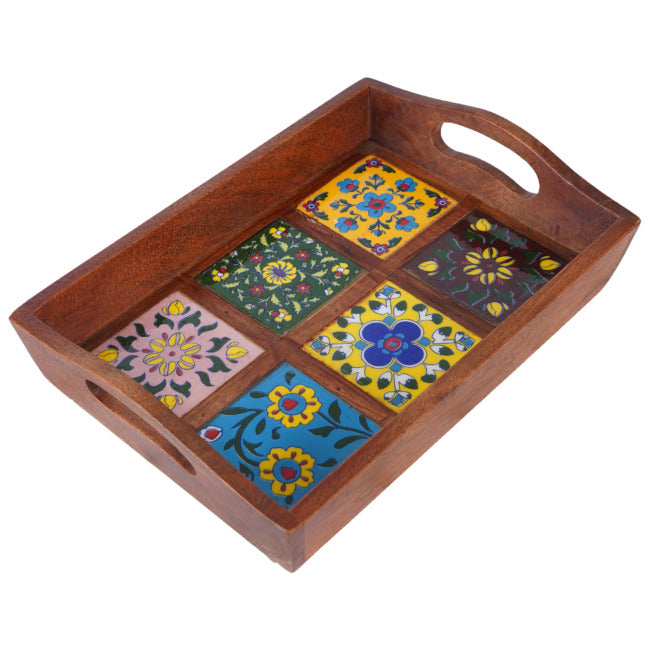 Blue Pottery Wooden Serving Tray 30X20