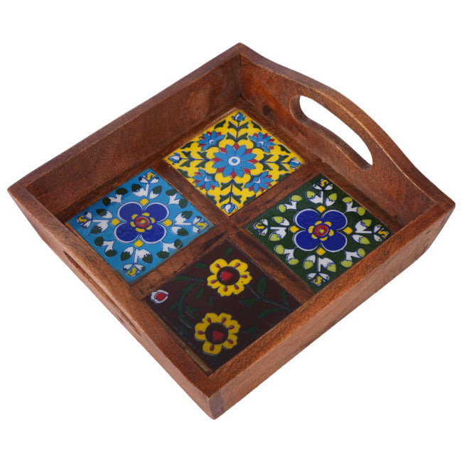 Blue Pottery Wooden Serving Tray 20X20