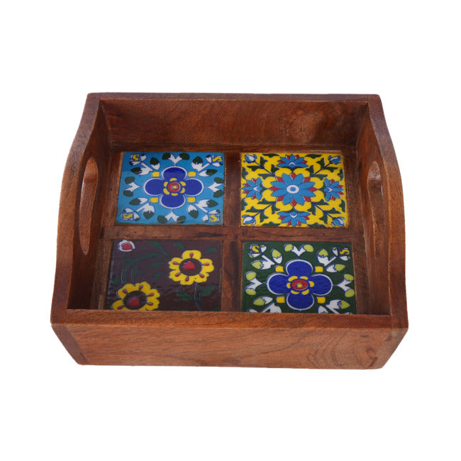 Blue Pottery Wooden Serving Tray 20X20