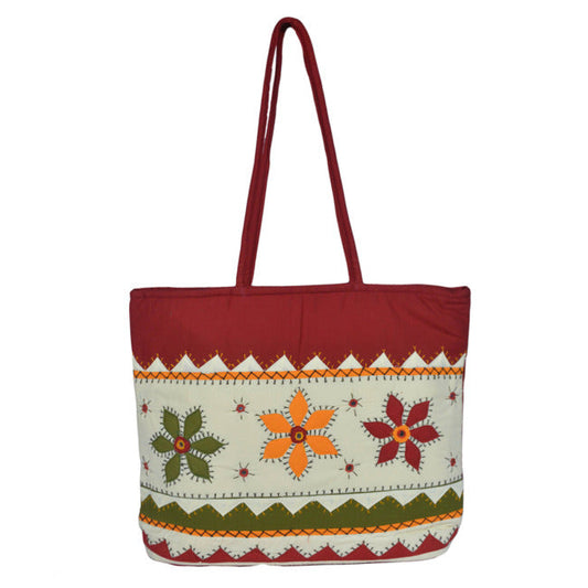 Handcrafted Flowers Design Banjara Embroidered Women’s Handbag Off White with Maroon